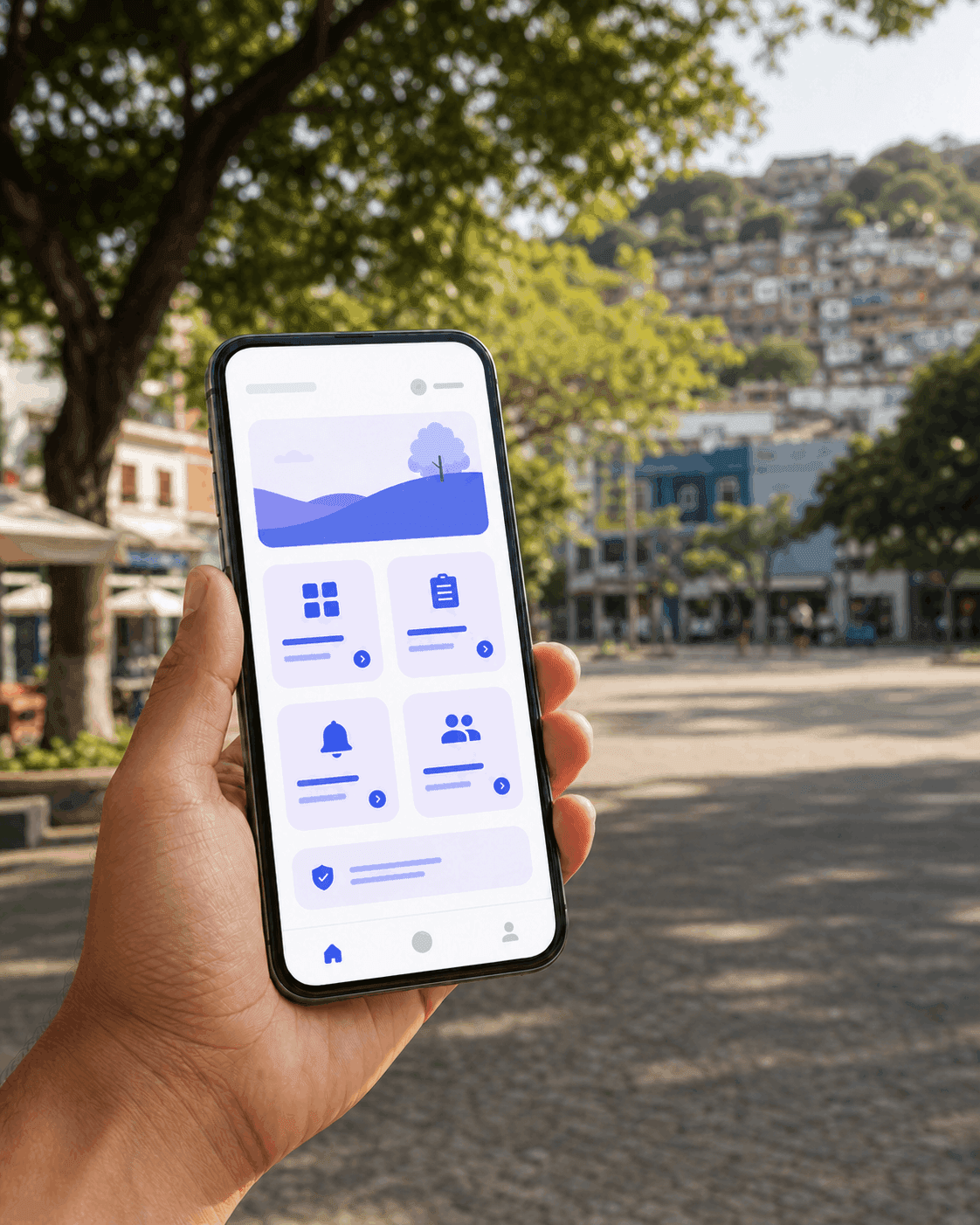 Conceito visual de um aplicativo de serviços da cidade em um celular.