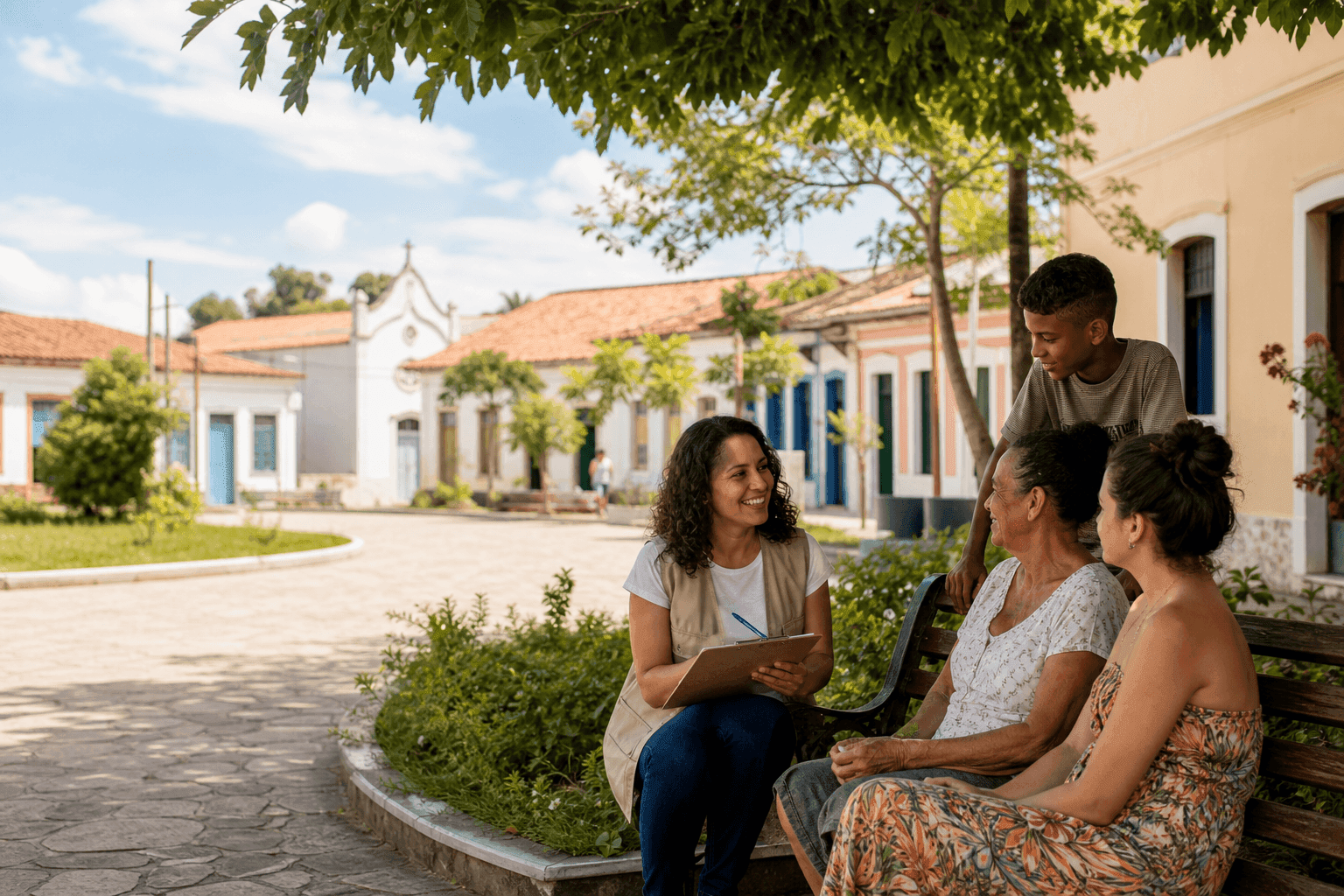 Família e comunidade ocupam uma praça de cidade brasileira.