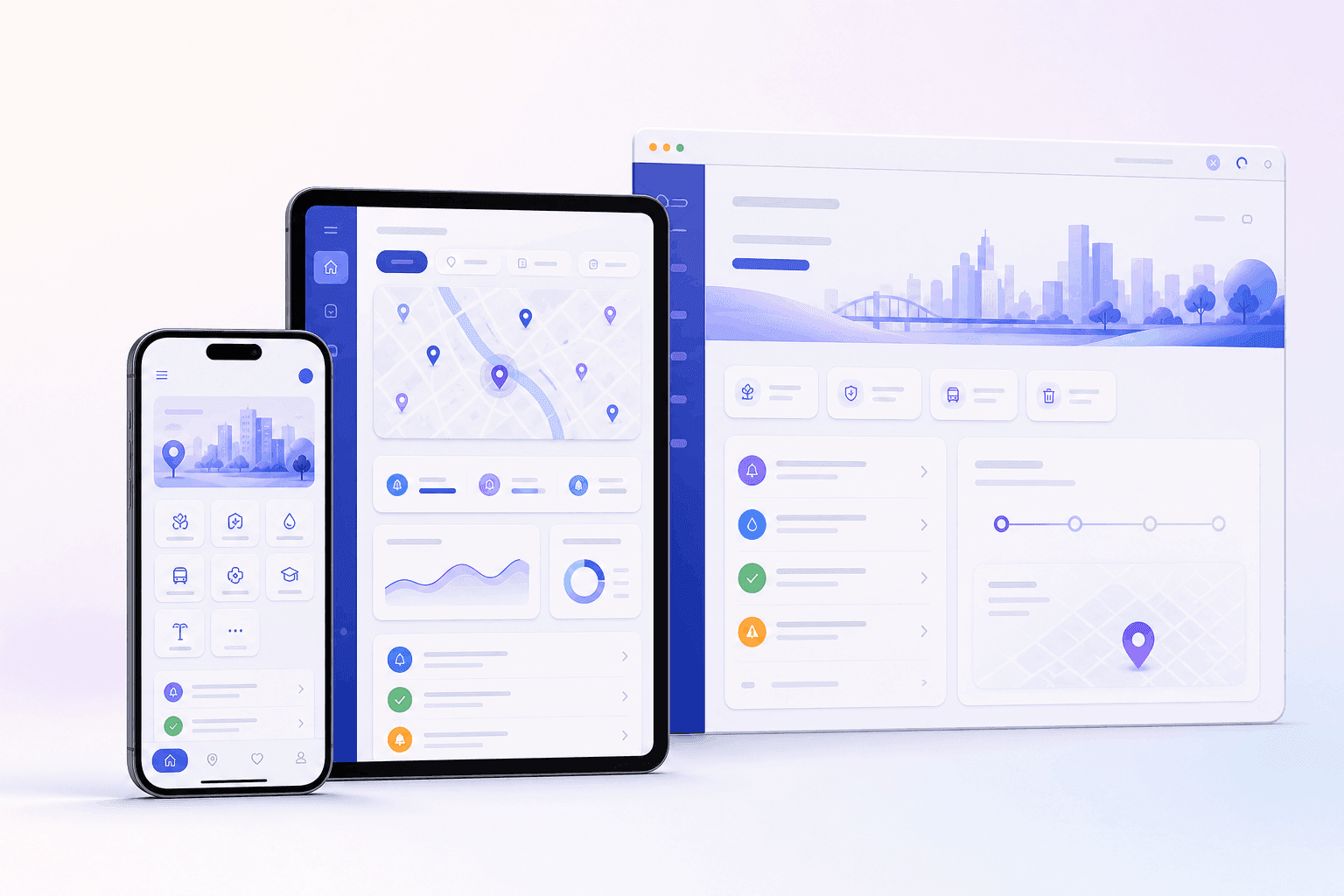 Mockup conceitual do SmartPrefeitura em smartphone, tablet e portal web.